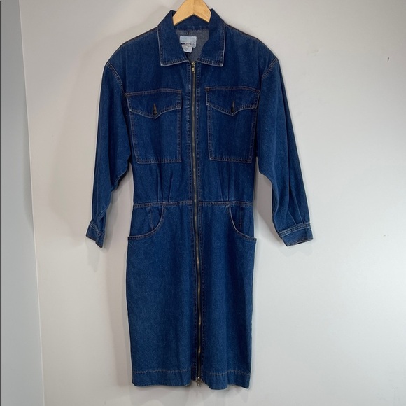 Vintage 80’s Impromptu Denim Zip-Up Dress Blue Dark Wash Padded Shoulders M - Picture 2 of 12